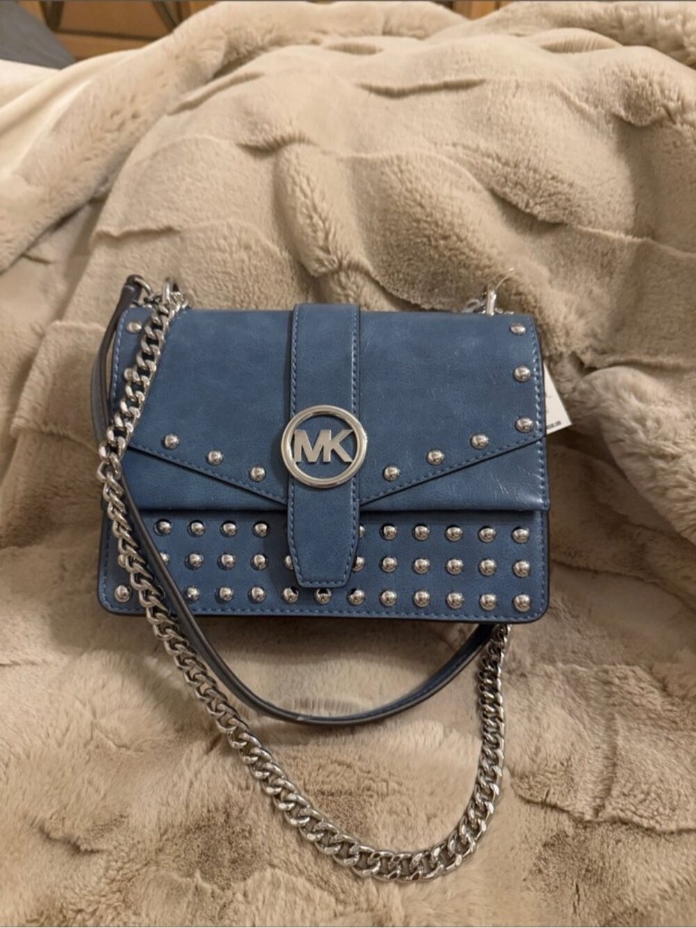 Michael Kors Denim Blue Studded MK Logo Chain Crossbody